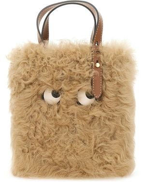 Anya Hindmarch "N/S Mini Eyes" Shearling Tote Bag - Natural