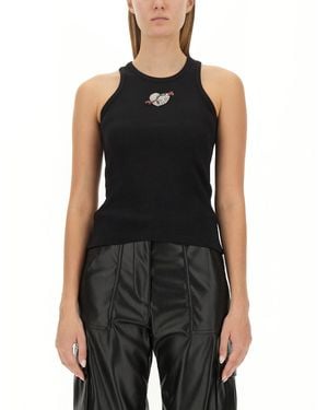 MSGM Fitted Sleeveless Ribbed Cotton Top With Embroidered Detail - Black
