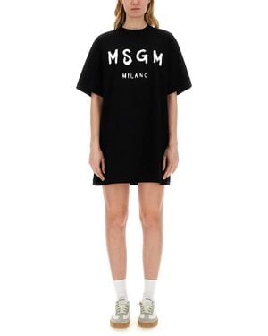 MSGM ABITO CON LOGO PENNELLATO IN JERSEY DI COTONE - Nero