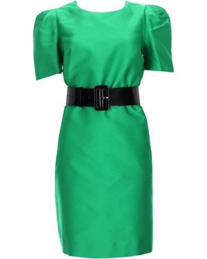 P.A.R.O.S.H. Structured Satin Mini Dress With Belted Waist And Puff Sleeves - Green