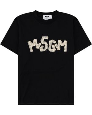 MSGM T-Shirt With Lace-Embroidered Logo Cotton T-Shirts - Black