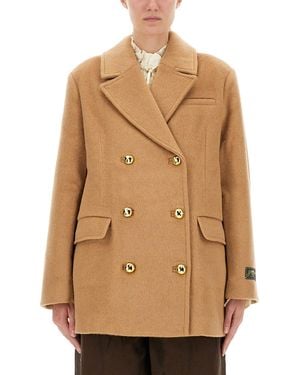 Ganni Double-Breasted Wool Blazer - Natural