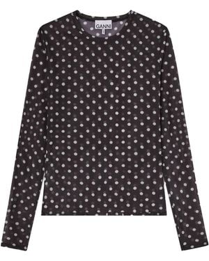 Ganni Sheer Long Sleeve Round Neck Top - Black