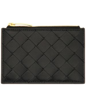 Bottega Veneta "Woven" Card Holder With Zipper - Black