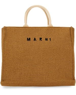 Marni Large Raffia Effect Fabric Tote Bag - Brown