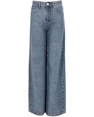 Self-Portrait Jeans Con Strass Effetto Coccodrillo - Blue