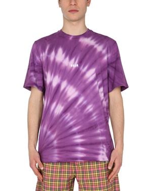 MSGM T-SHIRT GIROCOLLO IN JERSEY DI COTONE CON STAMPA TIE-DYE E MICRO LOGO - Viola