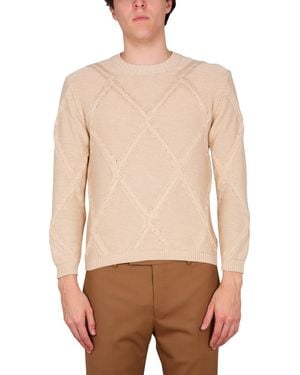 Ballantyne Cotton Cable Stitch Crew Neck Jumper - Natural