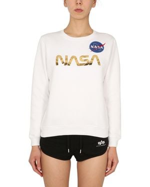Alpha Industries "nasa" Cotton Sweatshirt With Laminated Print - White