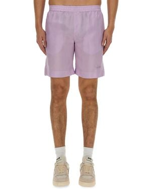 MSGM Regular Fit Cupro Shorts With Logo Detail - Purple