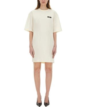MSGM Short Sleeved Mini Dress With Logo - Natural