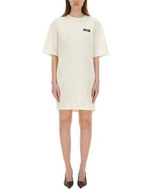 MSGM Short Sleeved Mini Dress With Logo - Natural