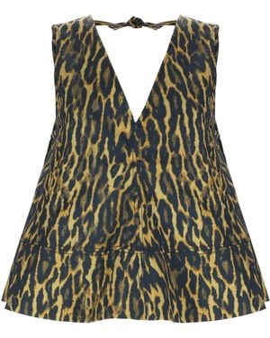 Ganni Leopard Animal Print V Neck Top - Green