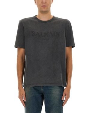 Balmain T-Shirt With Logo Embroidery - Gray