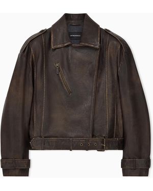 Emporio Armani Oversized Aged-Effect Goat Nappa Biker Jacket - Brown