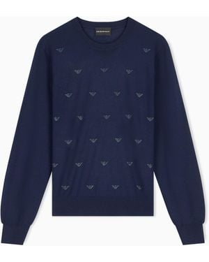 Emporio Armani Rundhalspullover Aus Schurwolle Mit Strassdetails - Blau