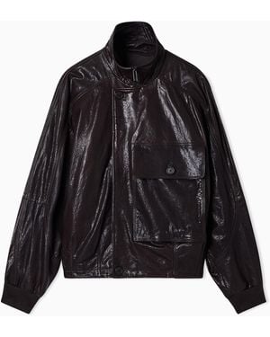 Emporio Armani Blouson Surdimensionné En Peau D'Agneau À Tannage Végétal Avec Grande Poche - Noir