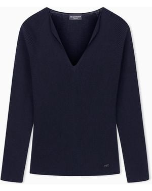Emporio Armani Pull À Col En V En Laine Vierge Mélangée Capsule Polygon - Bleu