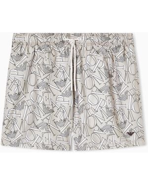 Emporio Armani Swim Shorts With All-Over Logo - White