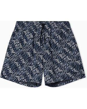 Emporio Armani Swim Shorts With All-Over Logo - Blue