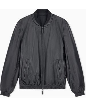 Emporio Armani Wendbare Bomberjacke Aus Nappaleder Mit Logostoff - Grau