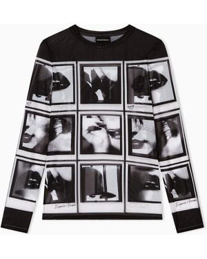 Emporio Armani Mesh Jumper With All-Over Photographic Prints - Black