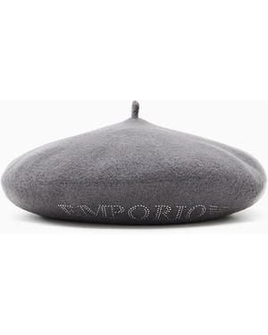 Emporio Armani Wool Beret With A Micro-Stud Logo - White