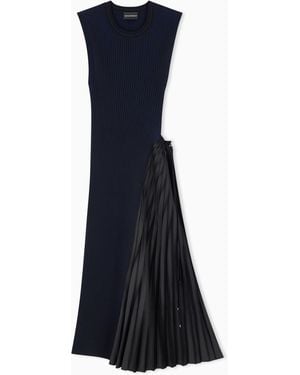 Emporio Armani Long Viscose Dress With Pleated Side Insert And Drawstring - Blue