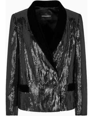 Emporio Armani Double-Breasted Blazer With All-Over Sequins - Black