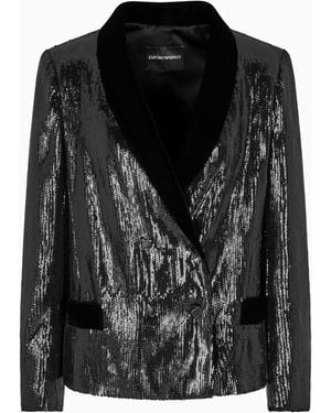 Emporio Armani Double-Breasted Blazer With All-Over Sequins - Black