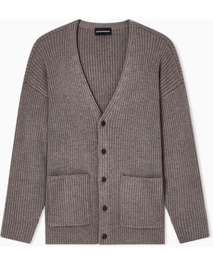 Emporio Armani Ribbed Wool-Blend V-Neck Cardigan - Brown