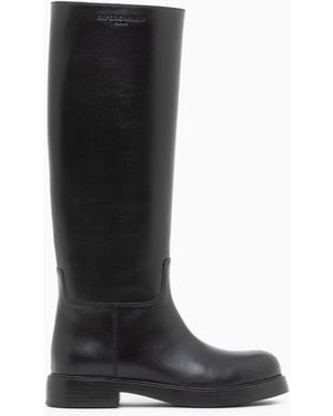 Emporio Armani Leather Knee-High Boots With A Round Toe And Low Heel - Black
