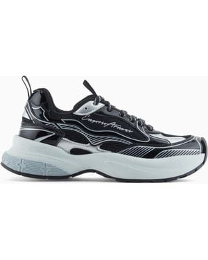 Emporio Armani Mesh Trainers With Laminated Details And Signature Logo - Blue