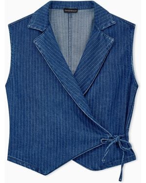 Emporio Armani Pinstriped Denim Wrap Waistcoat With Lapels And A Side Tie - Blue