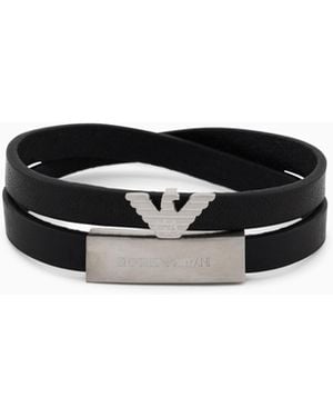 Emporio Armani Tone Leather Id Bracelet - Black