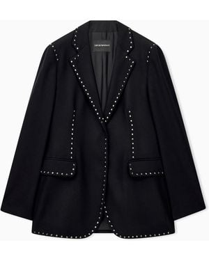 Emporio Armani Single-Breasted Mixed Wool Blazer With Metallic Studs - Blue