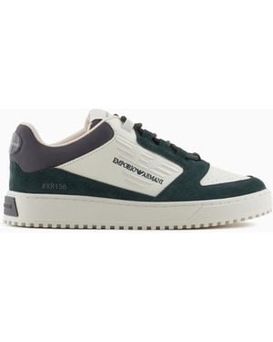Emporio Armani Leather Sneakers With Suede Details And Oversized Embossed Eagle - Green