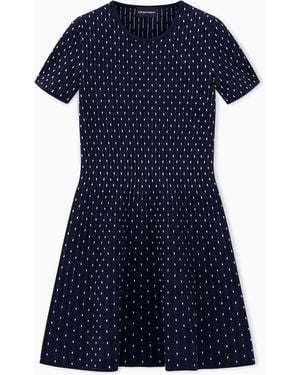 Emporio Armani Vestido Corto De Punto Liso De Viscosa Con Lunares En Tejido Jacquard - Azul