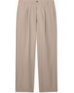 Emporio Armani Regular Fit Cotton Poplin Trousers With Elasticated Waist - Natural