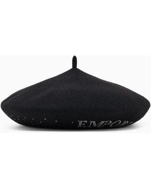 Emporio Armani Wool Beret With A Micro-Stud Logo - Black