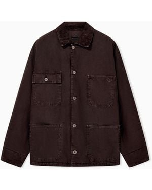 Emporio Armani Cotton Caban Coat With A Corduroy Collar And Patch Pockets - Brown