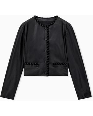 Emporio Armani Cropped Leather Jacket With Braided Trim And Button Closure - Black