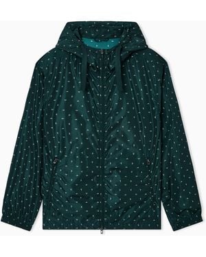 Emporio Armani Nylon Hooded Blouson With All-Over Micro-Eagle Graphic Design - Green