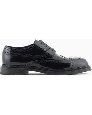 Emporio Armani Brushed Leather Derby Shoes With Wingtip Perforations - Black