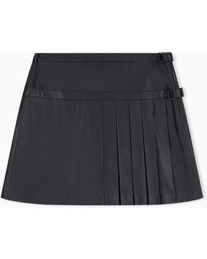 Emporio Armani Flared Leather Miniskirt With Front Pleats And Dual Belts - Black