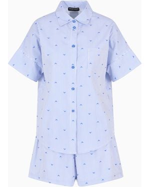 Emporio Armani Pajama Shirt And Shorts With Striped Motif And All-Over Eagle Logo - Blue