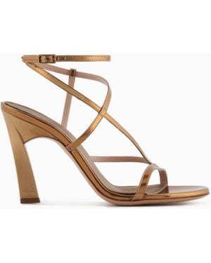 Emporio Armani High-Heeled, Crossed Lamé Leather Sandals - White