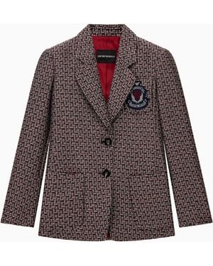 Emporio Armani Basket Weave Lurex Blazer With An Embroidered Chest Crest - Brown