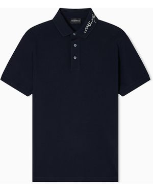 Emporio Armani Piqué Polo Shirt With Signature Logo Embroidery On The Collar - Blue