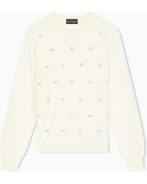 Emporio Armani Crew-Neck Virgin Wool Pullover With Rhinestone Details - White